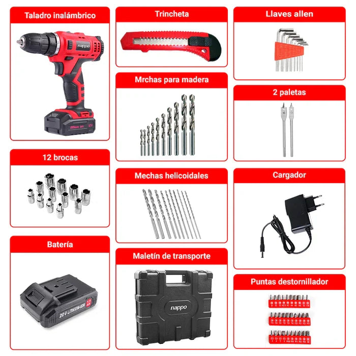Taladro Inalámbrico nарро NHK-041 con 2 Velocidades Batería Recargable 12V Maletín + Accesorios 78 Piezas